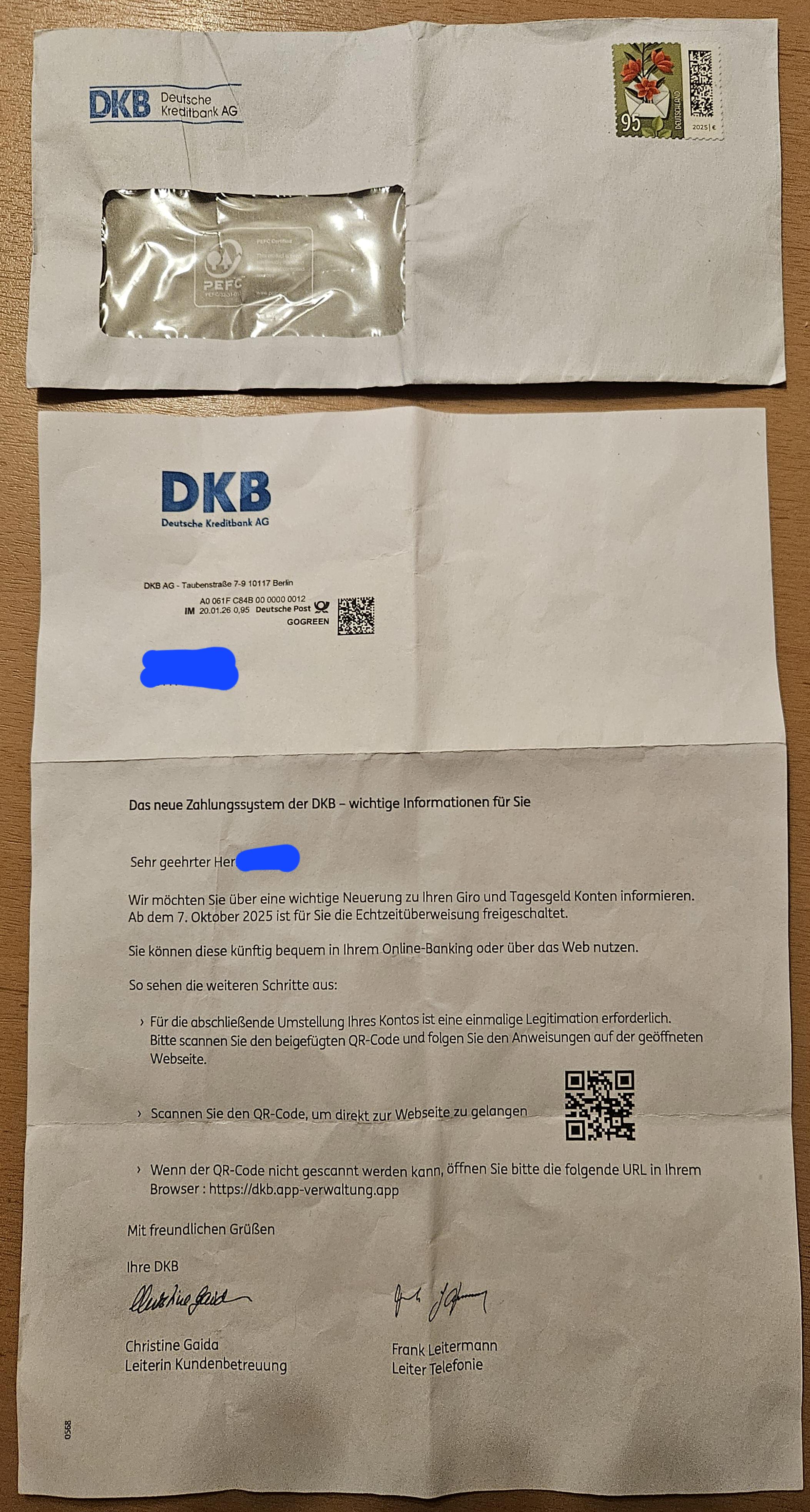 Fake DKB letter with QR code – scam attempt